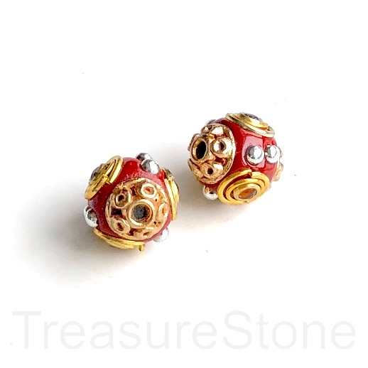 Bead, metal inlay, red brown, gold. 15mm. Pkg of 2