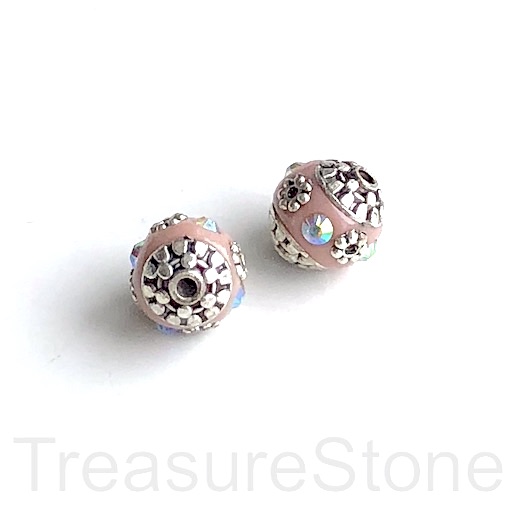 Bead, metal inlay, light pink, silver. AB cz, 11mm. Pkg of 2 - Click Image to Close