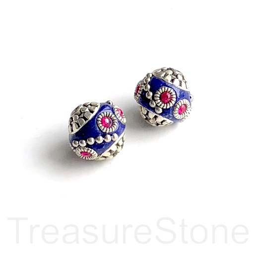 Bead, metal inlay, navy blue, silver. ruby cz, 11mm. Pkg of 2