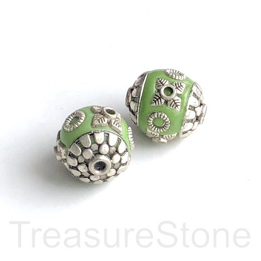 Bead, metal inlay, green, silver. 15mm. Pkg of 2