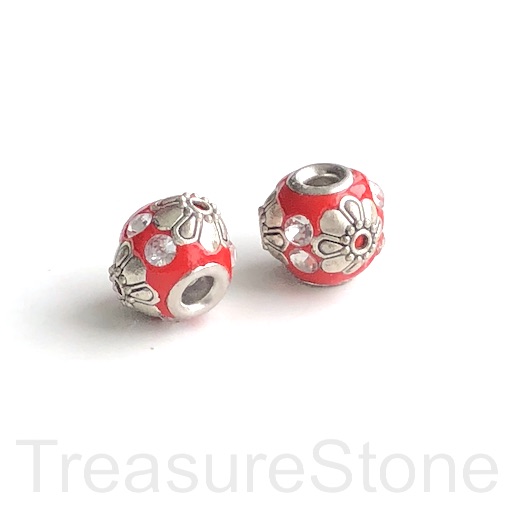 Bead, metal inlay, red, silver, 10mm. Pkg of 2