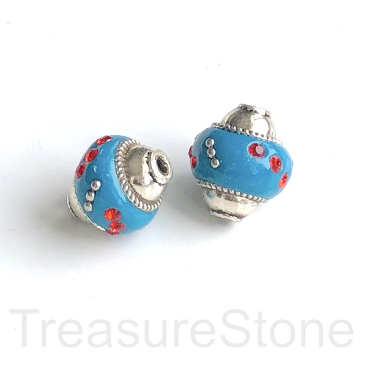 Bead, metal inlay, tilt blue, silver, red cz. 15x14mm. Pkg of 2 - Click Image to Close