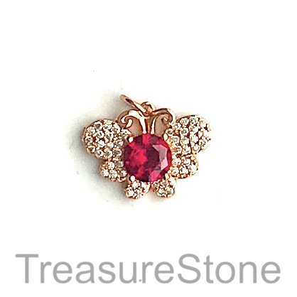 Charm, brass, 14x18mm rose gold butterfly, Cubic Zirconia. Each