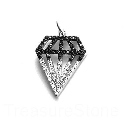 Charm, pendant, 17x20mm black, silver diamond, Cubic Zirconia.Ea