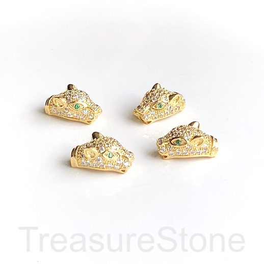 Pave Bead, brass,gold,10x17mm cheetah, panther,cat,clear CZ. Ea