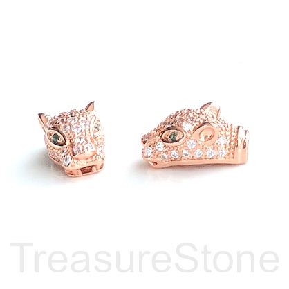 Pave Bead,brass,rose gold,clear, 9x16mm cheetah, panther, cat.Ea