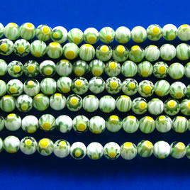 Bead, millefiori glass, green, 4mm round. 15-inch strand.