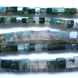 Bead, moss agate, 4mm cube. 15.5 inch strand.