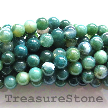 Bead, moss agate, 10mm round. 15 inch strand, 38pcs.