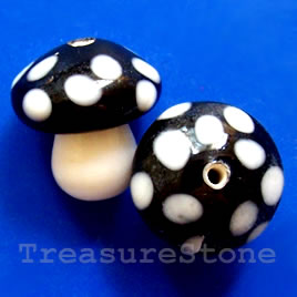 Bead, lampworked glass, black, 15mm mushroom. each
