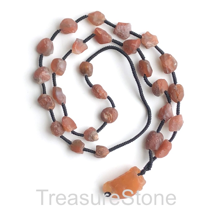 Necklace, rough natural red agate, black cord,26 inch long. each