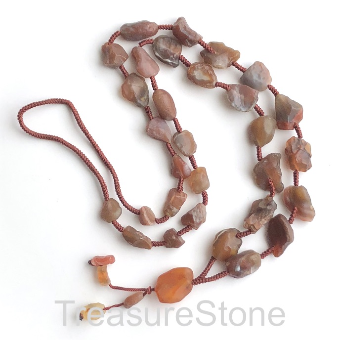 Necklace, rough natural red agate, brown cord,26 inch long. each
