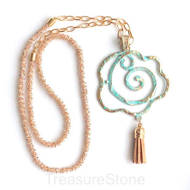 Necklace, rose gold beaded, patina rose flower pendant, 30 inch