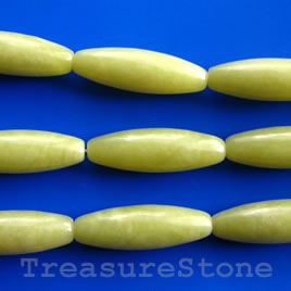 Bead, olive jade, 12x36mm oval. Sold per pkg of 11.