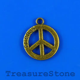 Charm/pendant, brass-plated,19mm "Friends" peace symbol.Pkg of 5