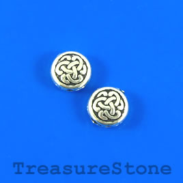 Bead, silver finished. 10mm flat round, celtic knot. Pkg of 10.