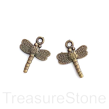Charm/Pendant, brass-finished, 16mm dragonfly. Pkg of 10.