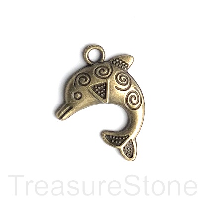 Pendant/charm, brass coloured, 23x26mm dolphin. Pkg of 5. - Click Image to Close