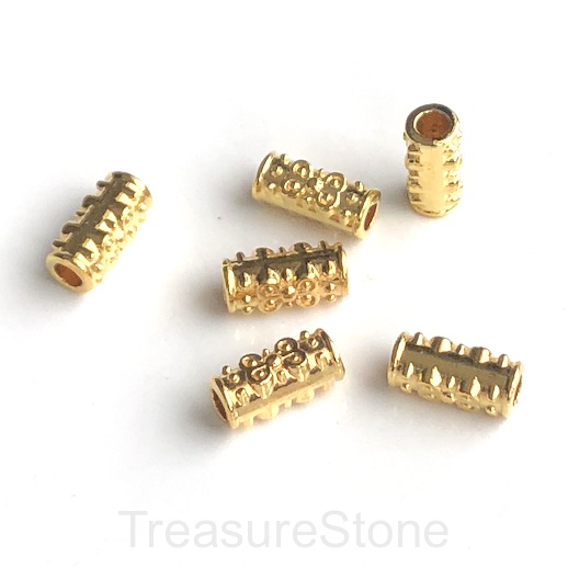 Bead, gold-finished, 6x12mm tube spacer, large hole: 3mm. 10pc