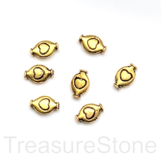 Bead, antiqued gold-finished, 8x11mm oval with heart. Pkg of 15.