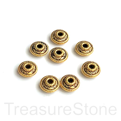 Bead, gold-finished, 4x9mm saucer spacer. 15pcs