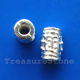 Bead, bright silver-finished, 6x10mm tube. Pkg of 15.