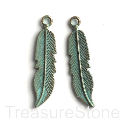Pendant/charm, patina-finished, 10x35mm feather. pkg of 4