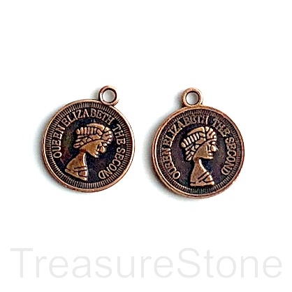 Charm/Pendant, copper-plated, 15mm coin. Pkg of 8.
