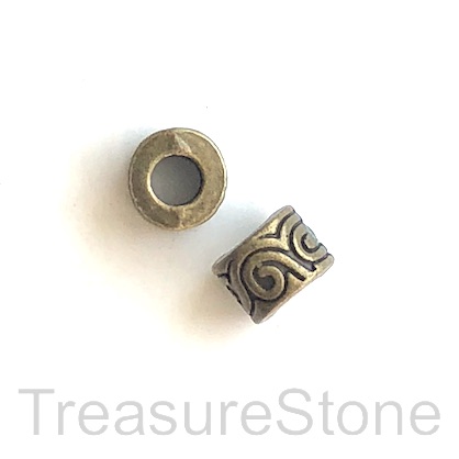 Bead, brass finished, 7x10mm tube spacer, large hole,4.5mm. 9pcs