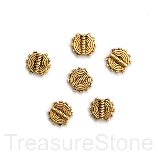 Bead, antiqued gold-finished, 9mm flat round, spacer. Pkg of 15