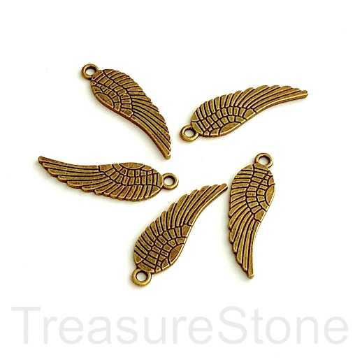 Charm, pendant, brass finished angel wing, 9x27mm. Pkg of 5