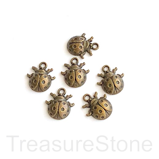 Charm, pendant, brass-coloured, 13mm ladybug. Pkg of 10