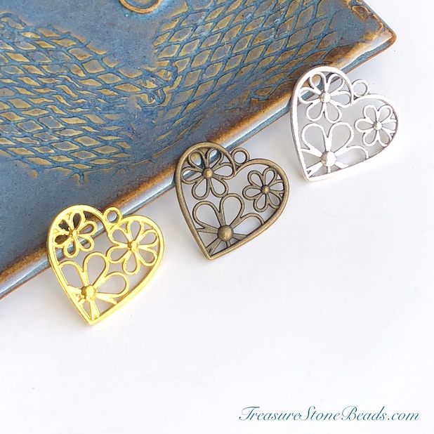 Charm, pendant, brass-plated, 28mm filigree heart. 5pcs - Click Image to Close