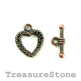 Clasp, toggle, copper-finished,16mm heart/20mm. 8 pairs