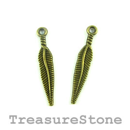 Charm/Pendant, brass-plated, 5x25mm feather. Pkg of 12
