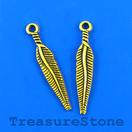 Charm/Pendant, gold-plated, 5x24mm feather. Pkg of 12.