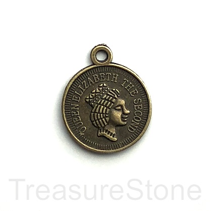 Charm/Pendant, brass-plated, 20mm coin. Pkg of 5.