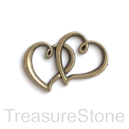 Pendant/link, brass-finished, 21x31mm double heart. Pkg of 4.
