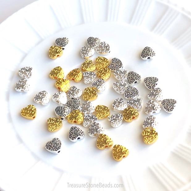 Bead, bright gold-finished, 9.5mm heart. Pkg of 12.