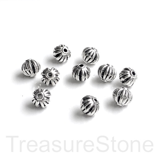 Bead, antiqued silver-finished, 7mm round pumpkin, spacer. 15pcs