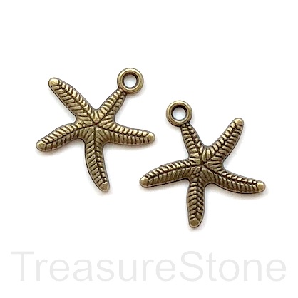 Charm/pendant, brass-plated, 25mm starfish. Pkg of 5.