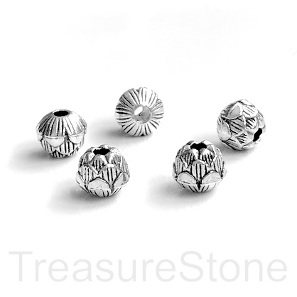 Bead, antiqued silver finished, 7x8mm lotus flower. Pkg of 12