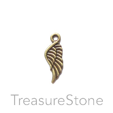 Charm, pendant, brass finished angel wing, 8x17mm. Pkg of 20