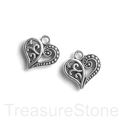 Charm, silver-finished, 12x14mm filigree heart. Pkg of 9.