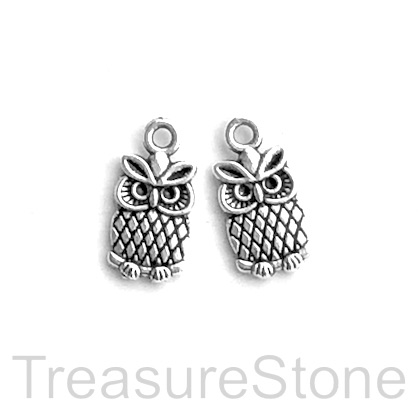 Charm/Pendant, silver-finished, 8x11mm owl. Pkg of 15.