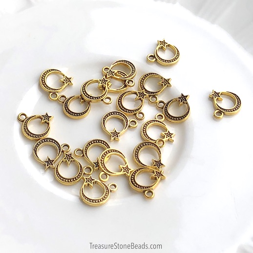 Charm, pendant, gold-finished, 9mm star and moon. 15pcs