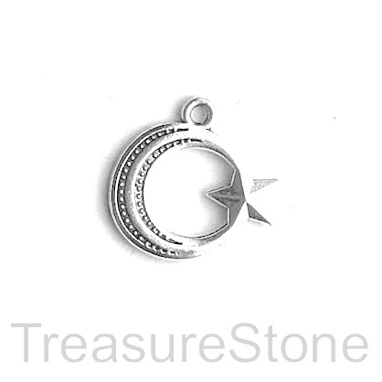 Charm, pendant, silver-finished, 12x15mm star and moon. 12pcs