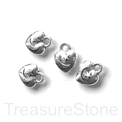 Charm, silver-finished, 8mm heart, with moon, star. Pkg of 15.