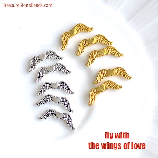 Bead, silver-finished, 7x20mm angel wings with heart. Pkg of 12