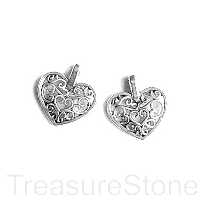 Charm, silver-finished, 14mm filigree heart. Pkg of 9